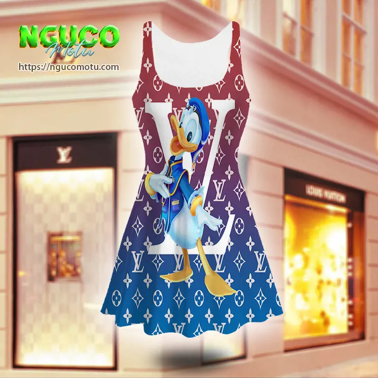 Lv and donald duck disney hello louis vuitton sleeveless midi flared dress gift uninque for women